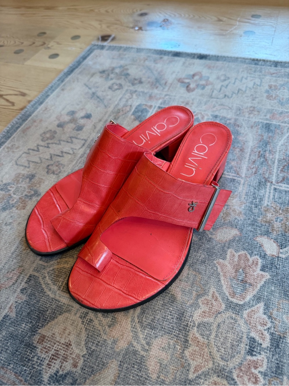 Calvin Klein Red Croc-Textured Slide Mules